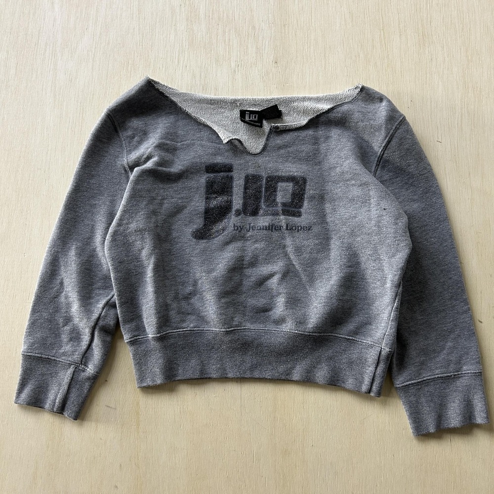 Y2K JLO By Jennifer Lopez Sweatshirt Women Large Gray Terry Cropped Glitter Logo